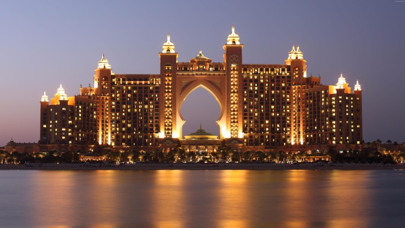 water, no people, united arab emirates, outdoors, building exterior, archipelago, arabian gulf, tourist attraction, dubai, tourism, cityscape, night, artificial