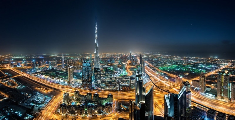 office building exterior, outdoors, light trail, Dubai, travel, built structure, spire, urban, 720P, street, Burj Khalifa, travel destinations, tall - high
