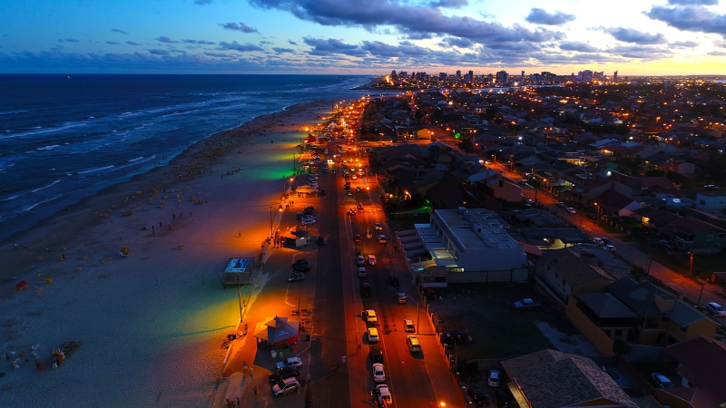 beach, 5K, travel destinations, evening, cityscape, high angle shot, ocean, horizon, dawn, city, cars, aerial view, sea, scenics - nature, transportation