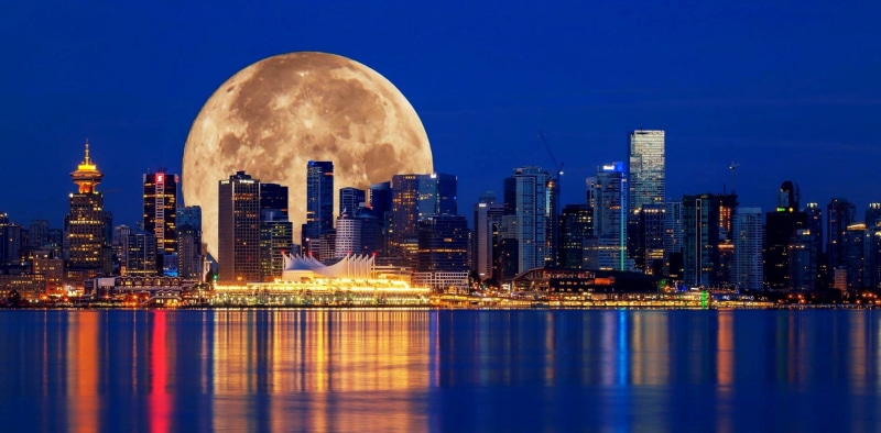 architecture, downtown district, modern, reflection, financial district, cityscape, night, Vancouver, building, illuminated, Moon, office building exterior