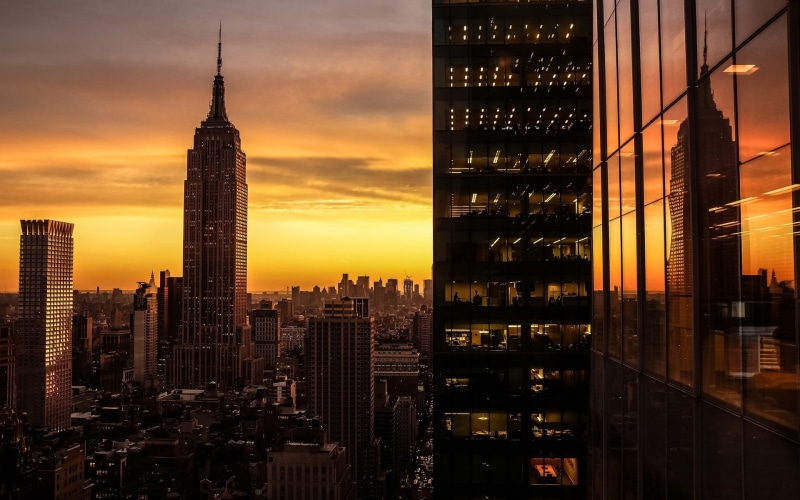 city Life, skyscraper, aerial View, outdoors, midtown Manhattan, modern, sunset, sky, landscape, financial District, downtown District, no People, built Structure