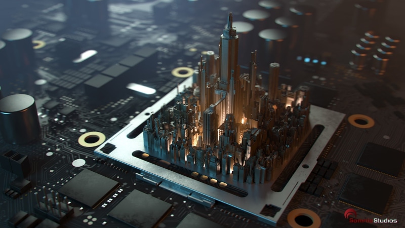microchip, digital art, depth of field, CPU, Seung Ho Henrik Holmberg, PCB, circuits, processor, 1080P, city, skyscraper, 3D