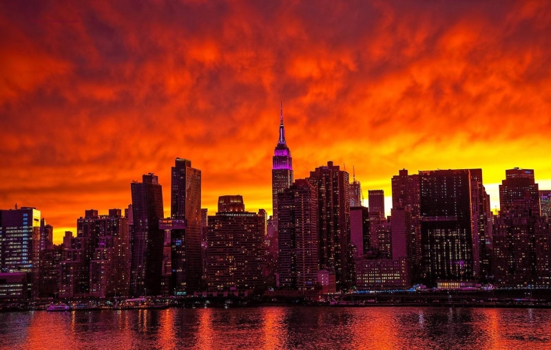 tall - high, USA, panoramic, colorful, sunset, city, New York City, office building exterior, tower, waterfront, buildings, york, scenics, built Structure