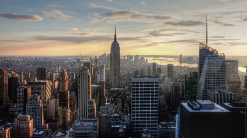 cloud - sky, building exterior, built structure, tall - high, architecture, office building exterior, New York City, city, modern, sunset, tower, spire