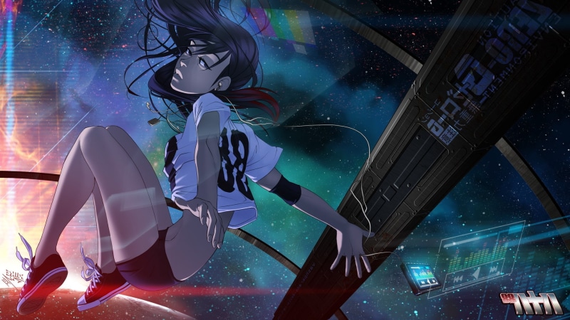 digital composite, Vashperado, young adult, Audio Spectrum, astronomy, city, cyberpunk, one person, spaceship, built structure, building exterior, glass - material