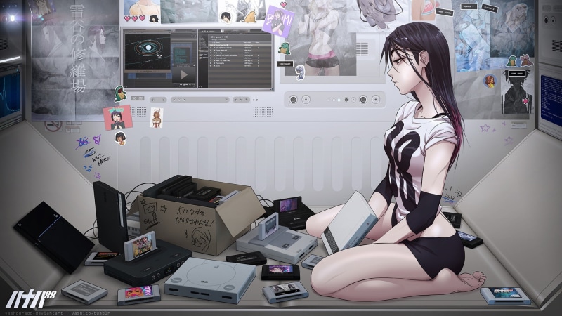 deviantart, PlayStation, legs, Long Hair, anime, 1080P, sexy anime, video games, spaceship, 88 Girl, Anime Girls, Space Invaders