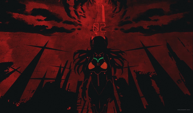 anime, 1080P, dark, religion, red, spirituality, architecture, nature, EVA Unit 02, destruction, celebration, Asuka Langley Soryu, silhouette, representation