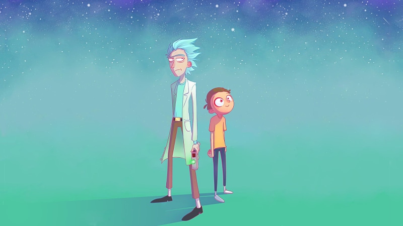 rick, holding, nature, emotion, blue, studio shot, artwork, blue background, indoors, 2K, Rick Sanchez, happiness, retro styled, smiling, looking up