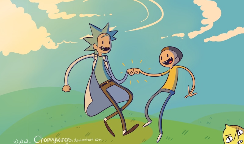 illustration, Rick and Morty, art and craft, Morty Smith, tree, outdoors, cloud - sky, green color, rick, 2K, no people, sky, creativity, Rick Sanchez