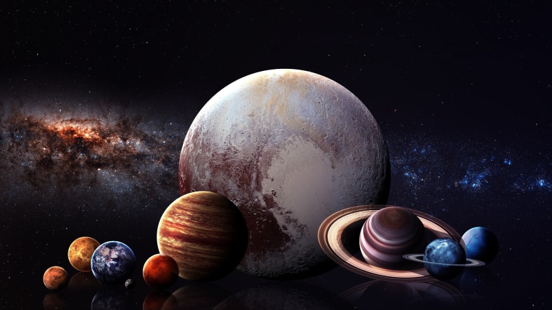 Saturn, Mars, digital art, planet, Earth, Pluto, stars, Moon, Venus, Neptune, render, 3D, Mercury, Uranus, Milky Way, 1080P, New Horizons, reflection