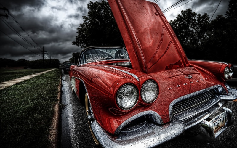 stationary, 1961 Chevrolet Corvette, old car, vehicle, field, cloud - sky, abandoned, vintage car, nature, HDR, motor vehicle, tree, mode of transportation