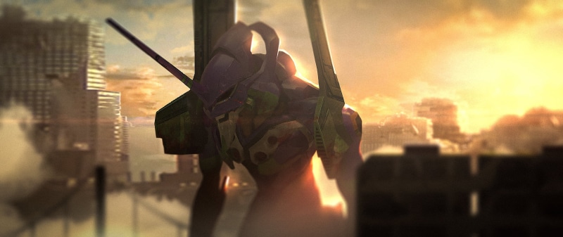 2K, architecture, protective workwear, selective focus, rear view, safety, city, sky, Neon Genesis Evangelion, aggression, outdoors, one person, mech