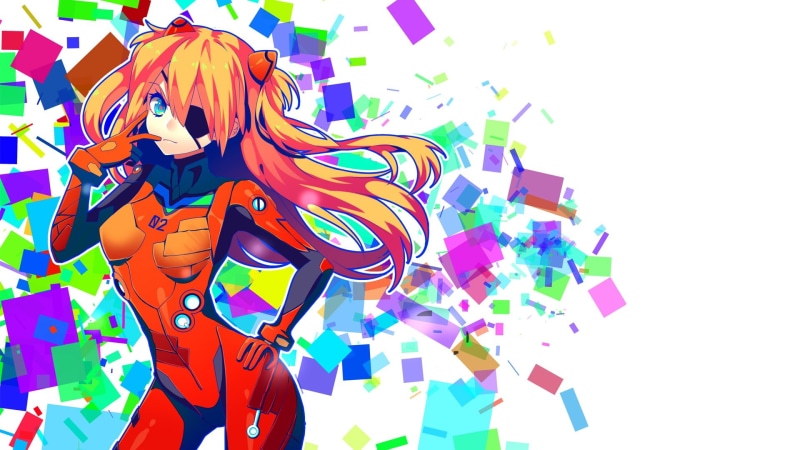 close-up, studio shot, abundance, copy space, celebration, character, anime, standing, no people, haired, Asuka Langley Shikinami, emotion, multi colored
