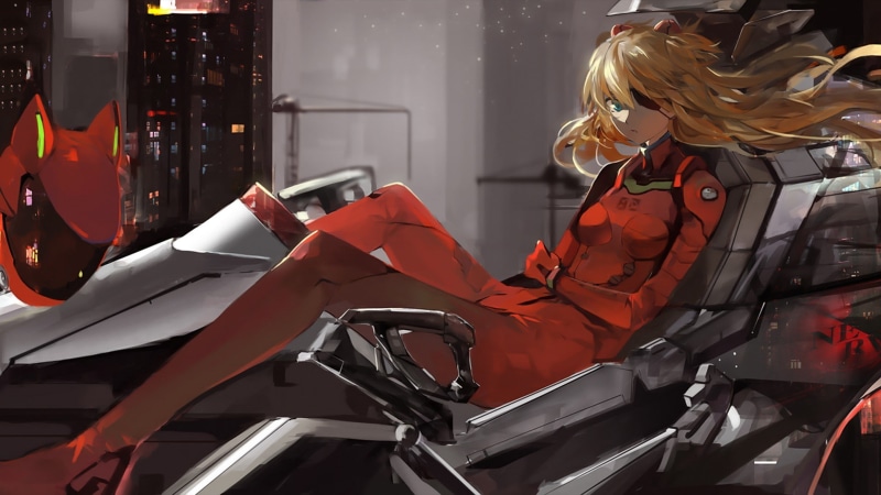 sitting, red, young adult, indoors, Asuka Langley Soryu, one person, blue eyes, glass - material, EVA Unit 02, Asuka Langley Shikinami, eye patch, lifestyles
