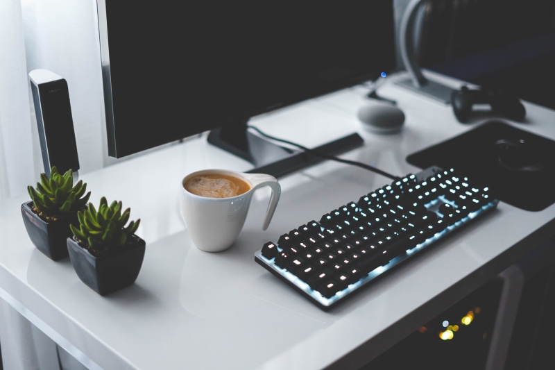 setup, mug, cup, no people, indoors, refreshment, minimalistic, near, coffee - drink, business, still life, monitor, gaming, playstation 4, communication