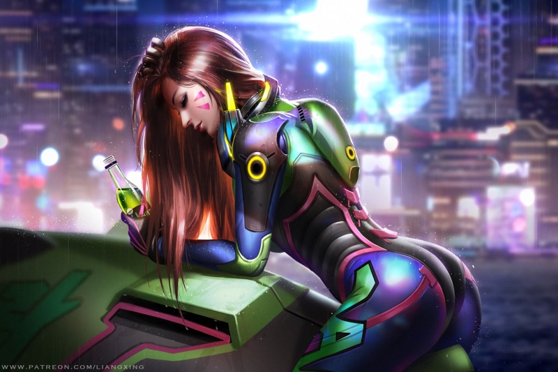 brown hair, Liang Xing, women, young women, one person, beauty, night, digital composite, technology, D.Va (Overwatch), females, Overwatch, outdoors, illuminated