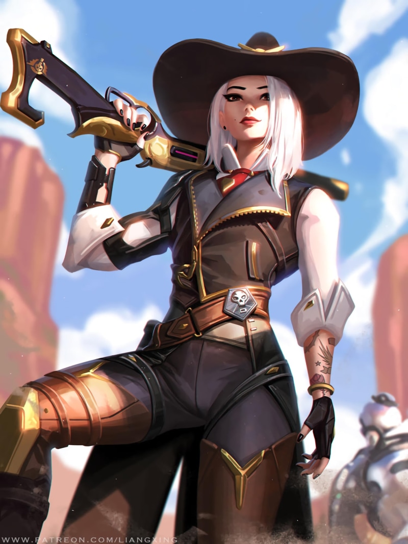 Liang Xing, girls with guns, Overwatch, portrait display, blonde, 1080P, cowboys, Liang-Xing, Ashe (Overwatch)