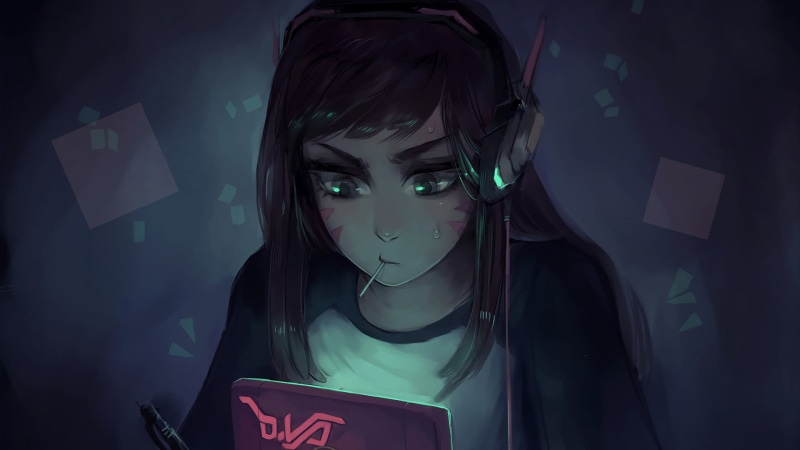 artwork, digital art, 1080P, teenager, woman, illuminated, leisure activity, front view, portrait, looking at camera, close-up, beautiful woman, video games