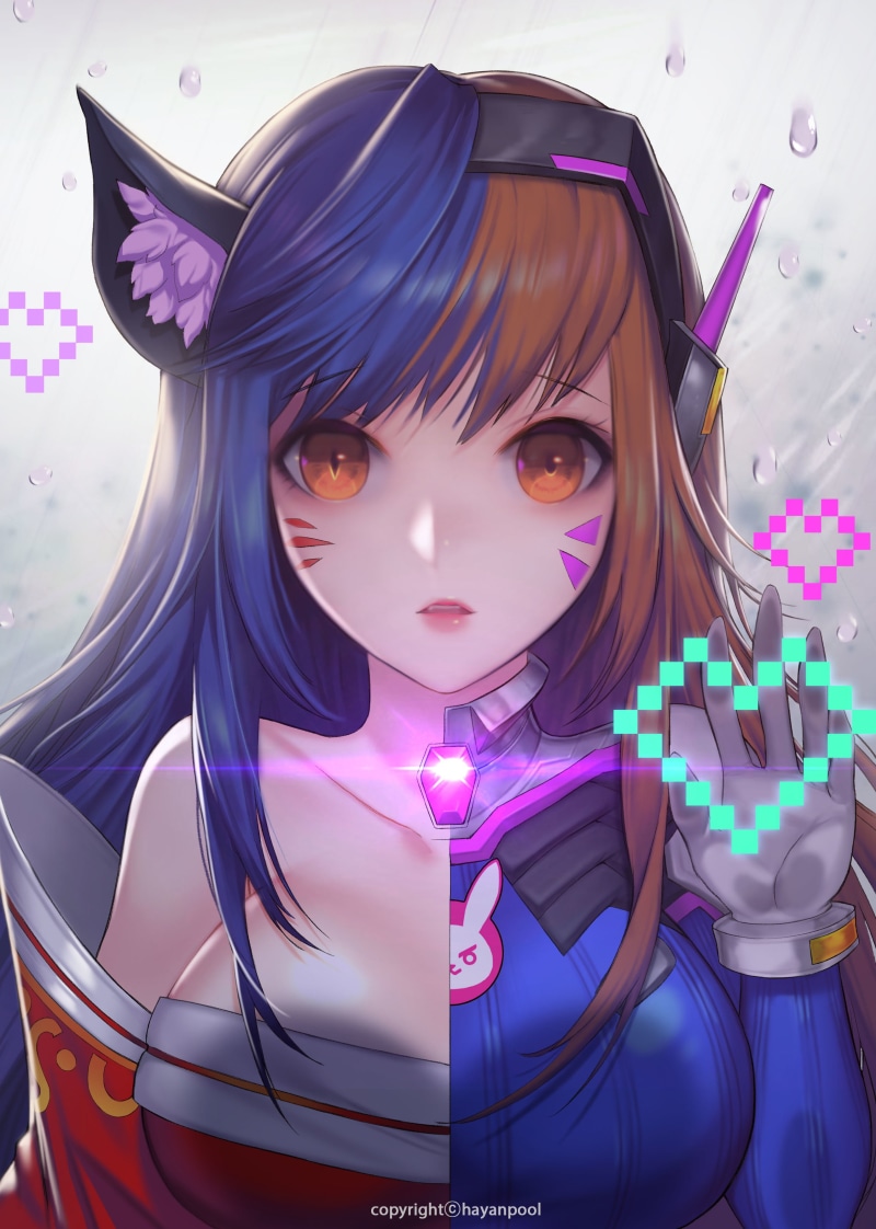 blue, cute, portrait display, portrait, one Person, illustration, human Face, beautiful, religion, clothing, vector, D.Va (Overwatch), 2K, traditional clothing