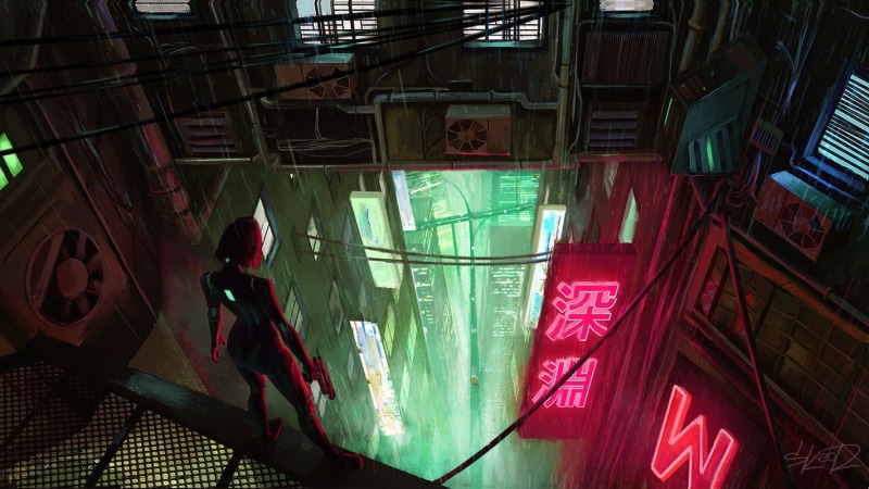 back, women, low angle view, asia, indoors, anime, people, reflection, red, arts culture and entertainment, city Life, day, 720P, short hair, female, transparent