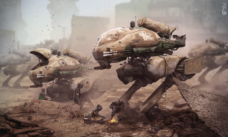 digital, focus on foreground, armed forces, 1080P, occupation, sunlight, science fiction, outdoors, nature, field, dust, land, futuristic, robot, military