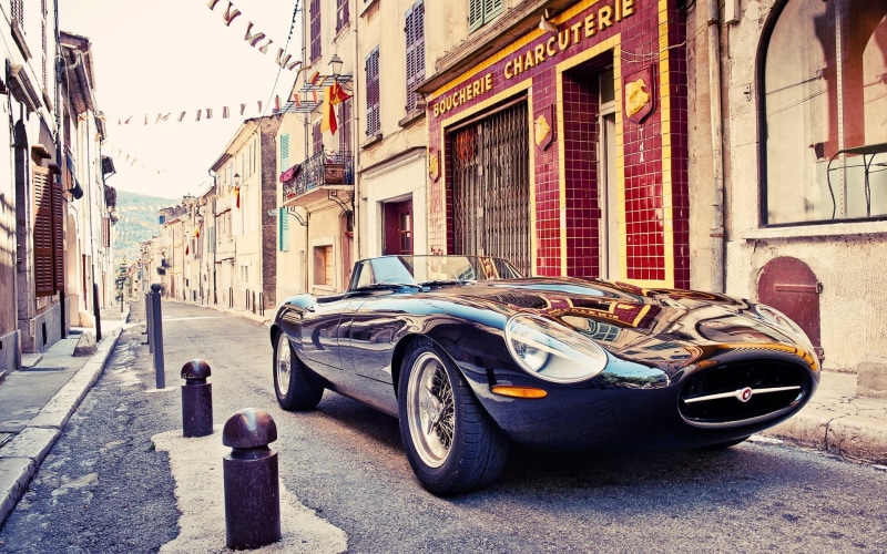 architecture, door, old, Jaguar, residential district, black cars, no people, outdoors, land vehicle, parking, road, building, mode of transportation, city