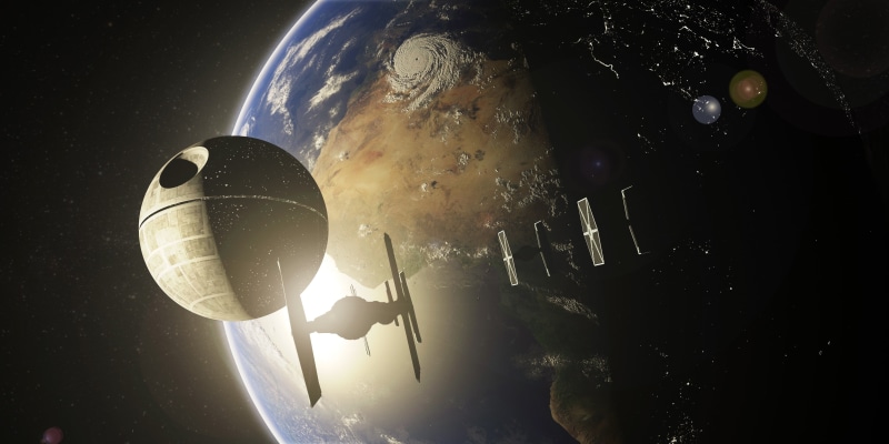 no people, Death Star, low angle view, sphere, sky, TIE Fighter, flying, sunlight, solar system, Earth, outdoors, Star Wars, 4K, planet, space