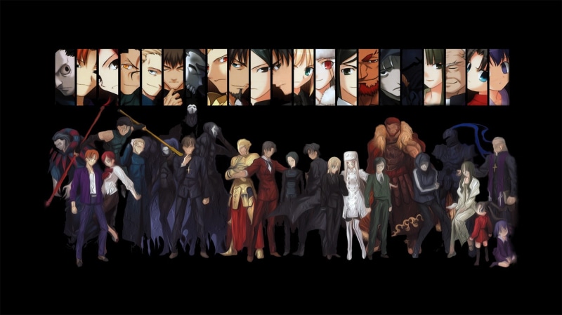 people, illustration, stay, black background, anime, Fate/Zero, night, women, architecture, full length, group, variation, in a row, Saber, retail display