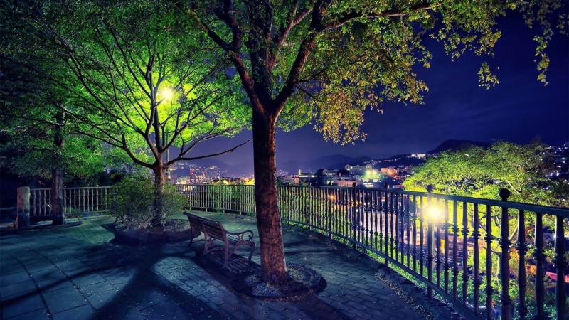park, city, plant, tree, illuminated, barrier, outdoors, footpath, dusk, green, built structure, lighting equipment, trees, building exterior, cityscape