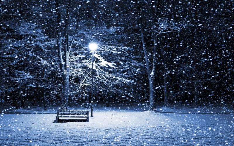 park bench, no people, 2K, land, extreme weather, lantern, transportation, outdoors, wooden, tree, blizzard, illuminated, cold temperature, nature, absence