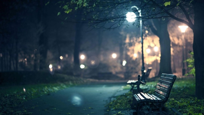 outdoors, park - man made space, night, lighting equipment, street light, technology, fog, streetlight, seat, water, bench, 1080P, tree, illuminated, city