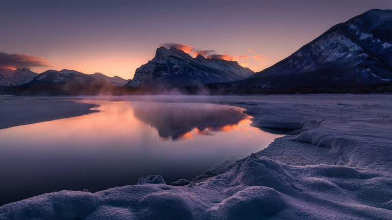 purple landscape, reflection, mountain, mount scenery, canada, sky, dusk, 4K, mount rundle, banff national park, landscape photography, winter, nature