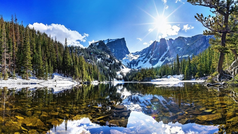 winter, 1080P, lake, outdoors, formation, day, beauty in nature, sunray, pine tree, dream lake, glacial lake, scenics - nature, mountain, mountain range