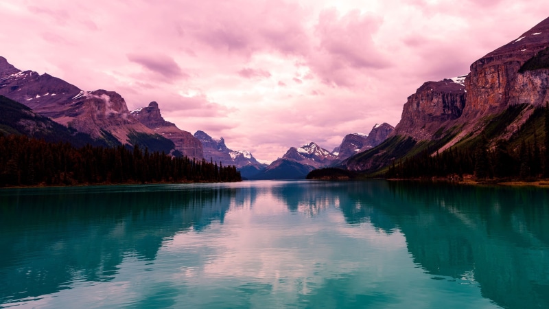 alberta, spirit island, canada, mountain range, lake, wilderness, 4K, mountain, national park, jasper national park, water, pink clouds, cloud, reflection