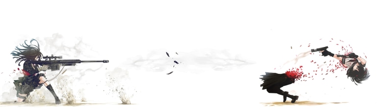 clothing, anime, motion, snow, flower petals, anime girls, women, sniper rifle, copy space, people, nature, vitality, activity, white background