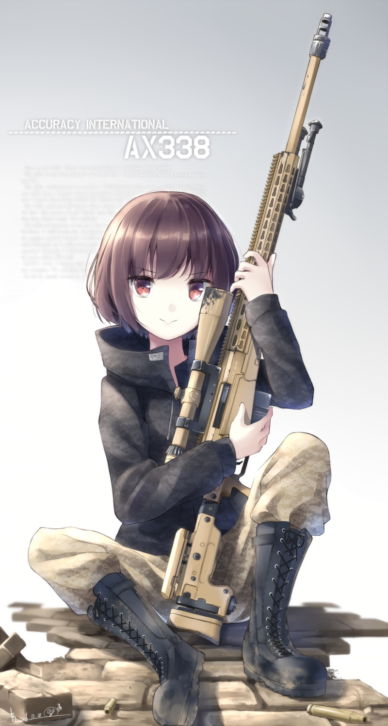 red eyes, skill, front view, looking down, childhood, short hair, one person, child, full length, gun, anime girls, holding, standing, brunette, 2K, music