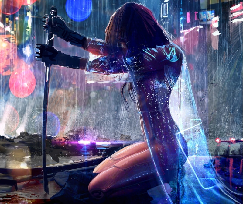 cyberpunk, sword, artwork, women, warrior, rain, 1080P, Cyberpunk 2077