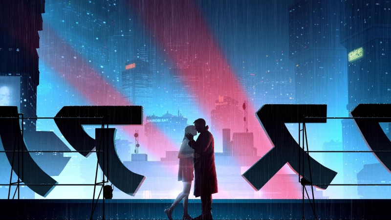 cyberpunk, 2K, rain, Japanese, kissing, Officer K, Joi, Blade Runner, Blade Runner 2049, blue, city