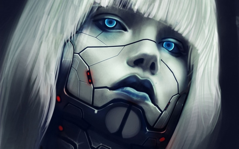 indoors, representation, body part, cyberpunk, childhood, 1080P, haired, glasses, human face, white, blue eyes, real people, one person, robot, human representation