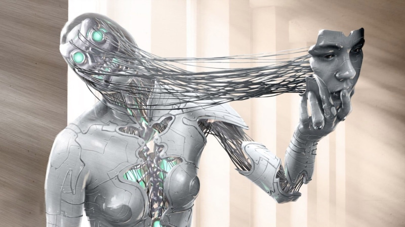 indoors, close-up, robot, digital art, artwork, cyborg, skull, chrome, wires, silver colored, male likeness, metal, 1080P, 3D, statue, artificial intelligence