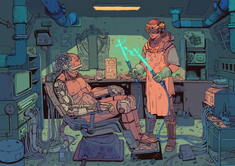 robot, wall - building feature, craft, cyborg, illustration, fan art, day, art and craft, female likeness, indoors, window, cyberpunk, male likeness, no people