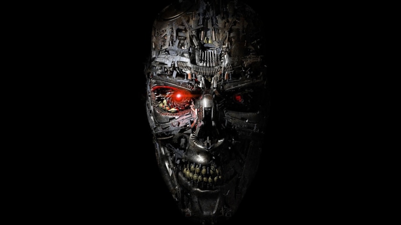 skull, face, gears, dark, motorcycle, artwork, human representation, cut out, black Color, movies, Terminator, close-up, architecture, indoors, robot, digital art