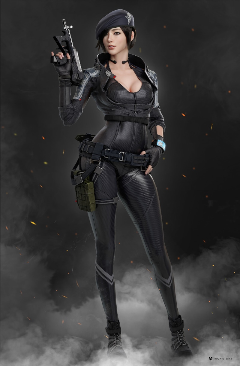 officer, black background, government, girls with guns, full length, artificial Model, studio shot, power, render, one person, editorial, toy, aggression