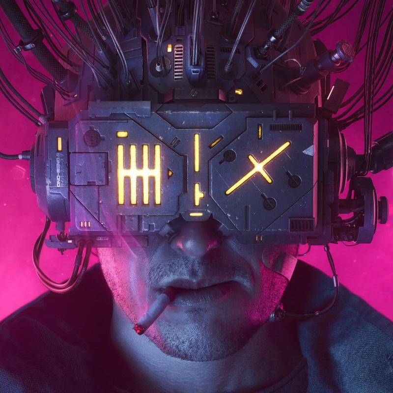 technology, males, equipment, one person, cigarettes, close-up, mid adult, human body part, front view, communication, headshot, cyberpunk, portrait, science fiction