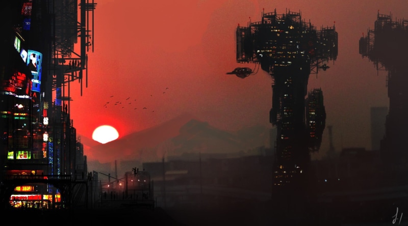 buildings, metal, sunset, outdoors, architecture, no people, skyscraper, city life, built structure, city, silhouette, building, building exterior, cyberpunk