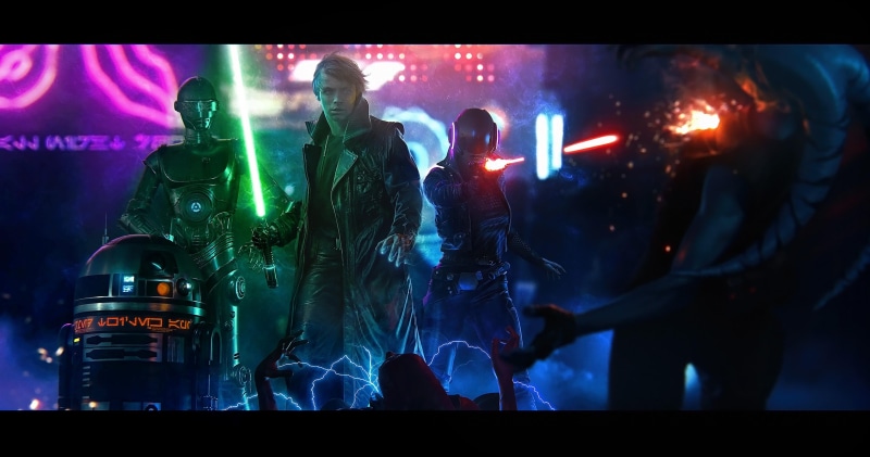 arts culture and entertainment, science fiction, star, Jedi, illuminated, digital art, render, music, people, lightsaber, built structure, outdoors, group of people