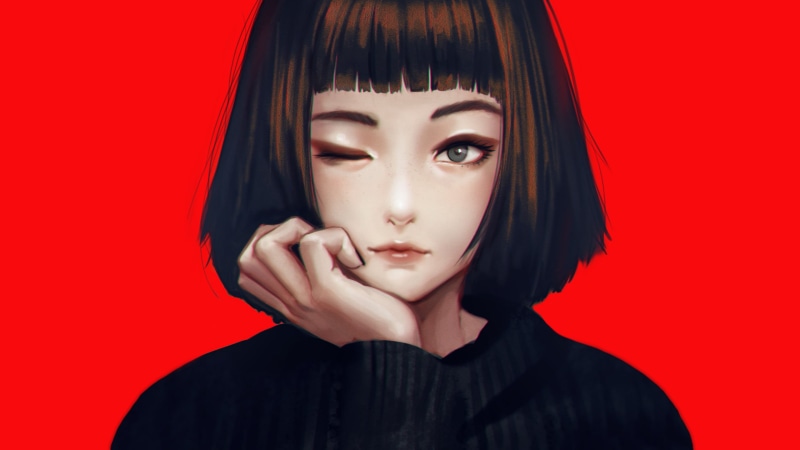 touching face, bangs, portrait, red background, brunette, black sweater, women, illustration, looking at viewer, artwork, 2K, wink, original characters