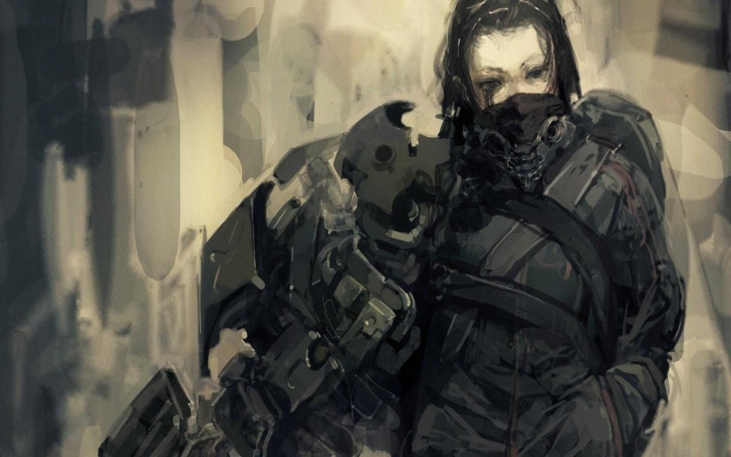 portrait, assassin, rifle, government, clothing, men, military uniform, gun, aggression, army, female, one person, cyberpunk, work helmet, weapon