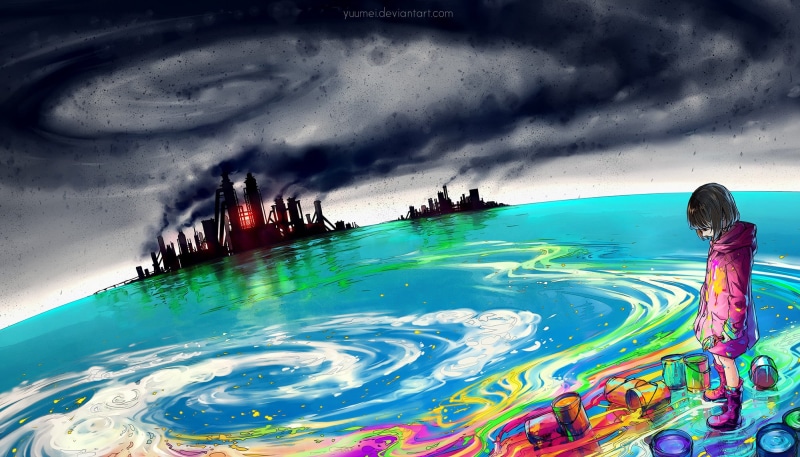 pollution, abstract, holiday, swimming pool, rear view, women, digital composite, green, painting, cloud - sky, beauty in nature, one person, colorful