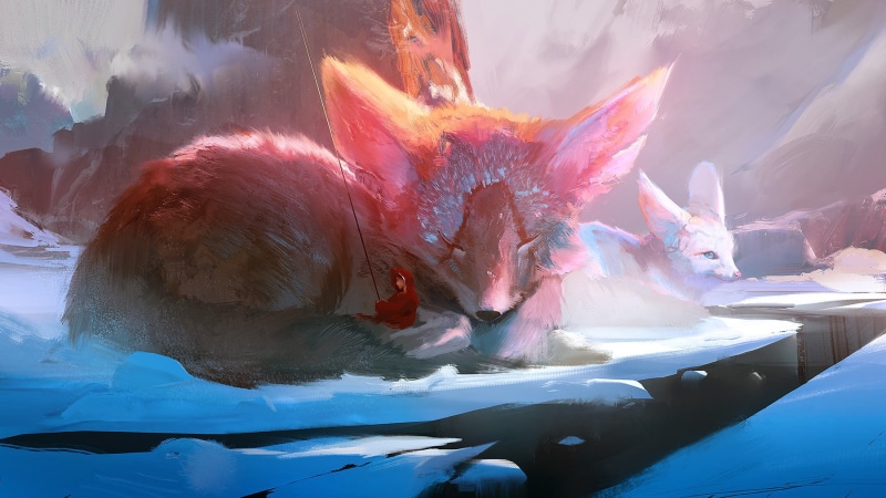 fantasy art, environment, 720P, fox, mountains, women
